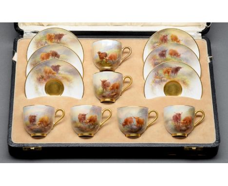 A set of six Royal Worcester coffee cups and saucers, 1931, painted by H Stinton, all signed, with highland cattle, saucer 10