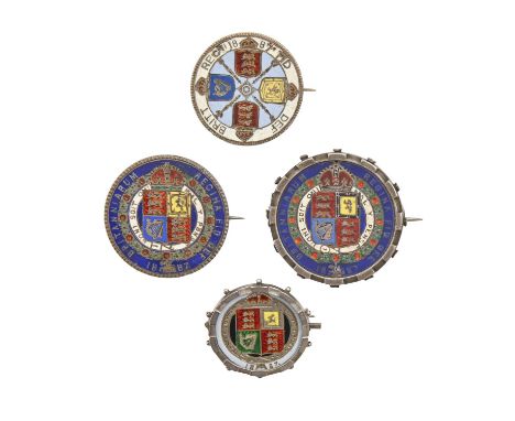 Four Victorian enamelled silver coin brooches,&nbsp; shilling - half crown, 1oz 10dwts  Good condition, save for light wear s