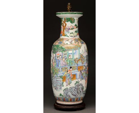 A Chinese famille verte rouleau vase, early 20th c, 66cm h including wood base  Base drilled when adapted as a lamp; minor sc