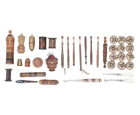 Needlework tools. A collection of Victorian Tunbridge Ware, vegetable ivory, carved coquilla nut and other bobbin boxes, pin 