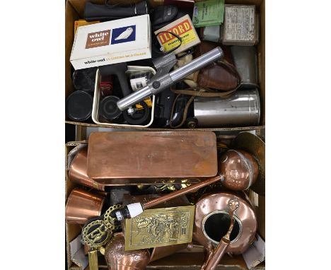 Miscellaneous vintage cameras and photography equipment, brass copper and other metalware  