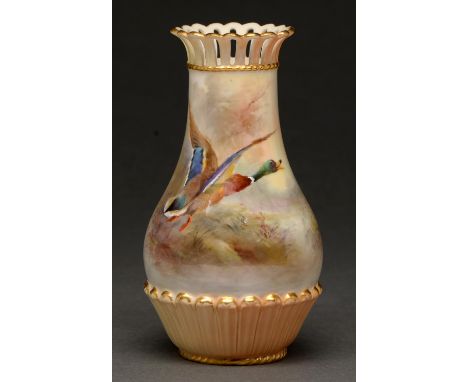 A Royal Worcester vase, 1908, with pierced neck, painted by Jas Stinton, signed, with flighting mallard, 13.5cm h, green prin