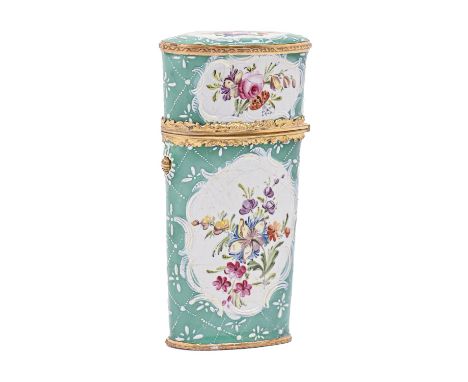 A South Staffordshire enamel etui, c1770, with chased copper gilt mounts, painted with flowers reserved on a green diaper gro