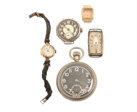 A Swiss 18ct gold lady's wristwatch, 16 x 21mm, 2.6g, a 9ct gold lady's wristwatch, an incomplete Art Deco silver tonneau gen