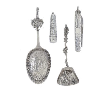 A George V silver fruit knife, with engraved silver scales, 75mm l, by J Y Cowlishaw, Sheffield 1912, two Dutch decorative si