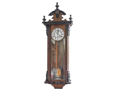 A&nbsp; walnut and ebonised Vienna wall timepiece, c1900,&nbsp; with enamel dial, 117cm h  Condition evident from image