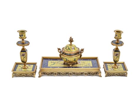 A French 'Chinese' famille jaune gilt brass and champleve enamel desk set, c1880, comprising inkwell and cover and pair of ca