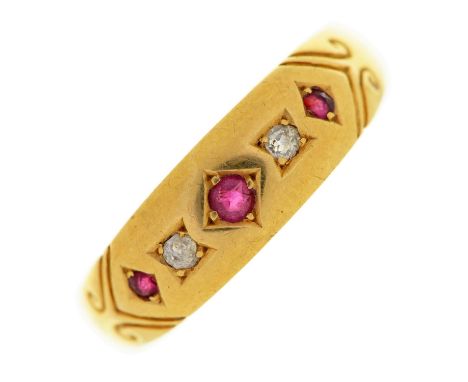 A Victorian ruby and diamond ring, gypsy set in 18ct gold, Birmingham 1892, 2.6g, size S  Wear to hoop