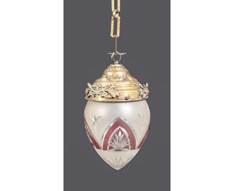 An embossed brass lamp pendant and frosted, flashed and cut glass lampshade, early 20th c,&nbsp;27cm h excluding chain for su