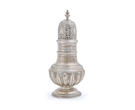 A George V silver sugar caster and cover&nbsp;of heavy gauge,&nbsp;applied with stiff leaves, 18.5cm h, inscribed under the f