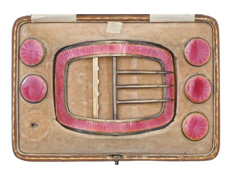 An Edwardian silver gilt and pink guilloche enamel waist belt clasp and five (of six) buttons, clasp 82mm, by Deakin &amp; Fr