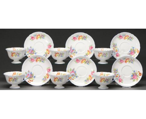 A set of six Shelley bone china floral teacups and saucers, mid 20th c, saucer 14cm diam, printed mark  Good condition