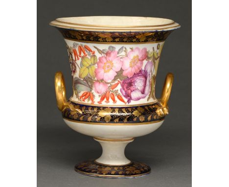 A Derby campana vase, c1825,&nbsp; painted with continuous flowers between blue and gilt borders, 19.5cm h, red painted mark 