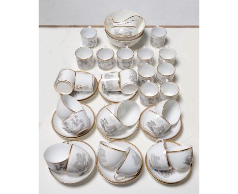 A study collection of Spode pattern 557 bat printed tea ware, c1810, comprising 15 coffee cans of bute shape, 12 teacups of b