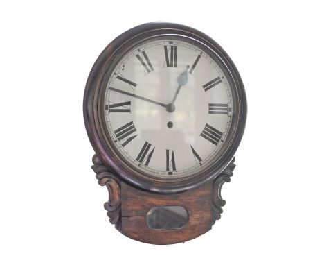 A stained wood drop case wall timepiece, c1900, with painted dial, pendulum, 49cm h  Shrinkage crack across trunk, minor scra