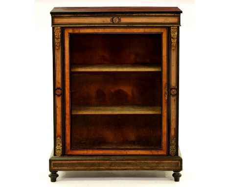 A Victorian gilt lacquered brass mounted ebonised and inlaid pier cabinet, on bun feet, 106cm h; 29.5 x 79cm  Light wear arou