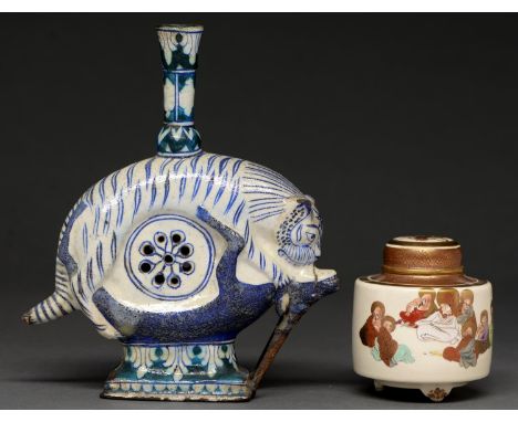 A Persian pottery flask shaped vase in the form of a tiger attacking a deer, 19th/early 20th c,&nbsp; 22cm and a Japanese sat