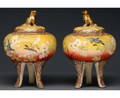 A pair of Japanese Kyo-Satsuma&nbsp; koros and covers, early 20th c, enamelled with birds and flowers on a shaded ground, 32c