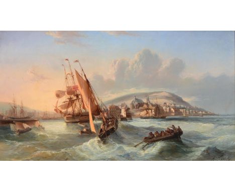 Andre Foneche (1851-1942) Shipping Scenes,&nbsp; a&nbsp;pair, both signed,&nbsp; oil on canvas, 55 x 100cm (2)  One with two 