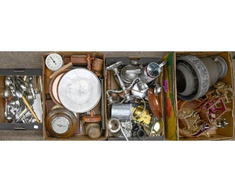 Miscellaneous metalware and wooden items, including a clock, barometer, model coronation carriage, cutlery, etc  