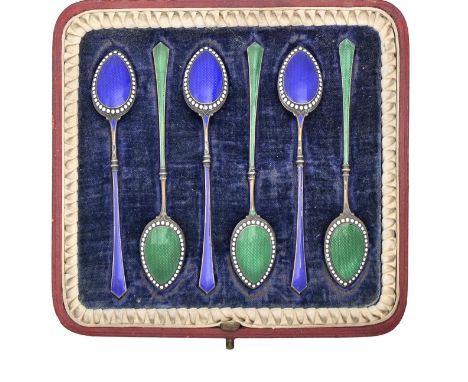 A set of six silver gilt and enamel coffee spoons, import marked, W F Bateman, London 1898, cased, 1oz 19dwts  Enamel on heel