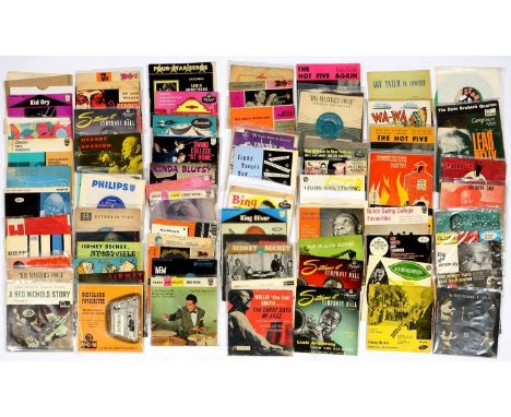 Vintage vinyl records.&nbsp;A collection of jazz and blues EPs, the artists including Johnny Dodds, Kid Ory, George Lewis, Lo