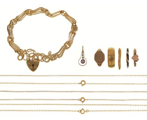 A 9ct gold gate bracelet and padlock and miscellaneous gold articles, 24g  Bracelet and padlock in good condition, several of