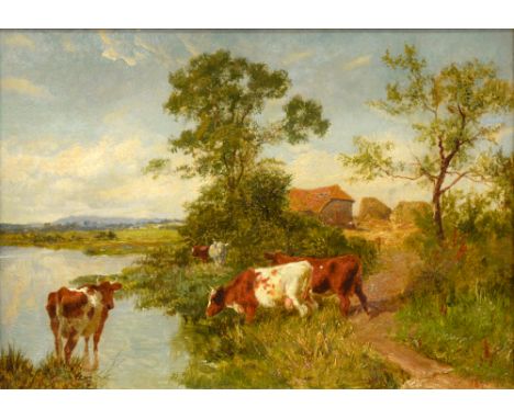 Charles Collins RBA (1851-1921) - Landscape with Cattle Watering, signed and dated 1897, oil on canvas, 24 x 34cm Provenance: