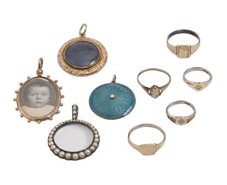 A silver and gold guilloche enamel locket, 26mm diam, three others, including one with split pearl surround and six gold and 