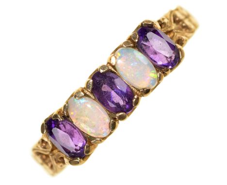 A five stone opal and amethyst ring, early 20th c, in 9ct gold, date letter rubbed, 2.3g, size P  Good condition