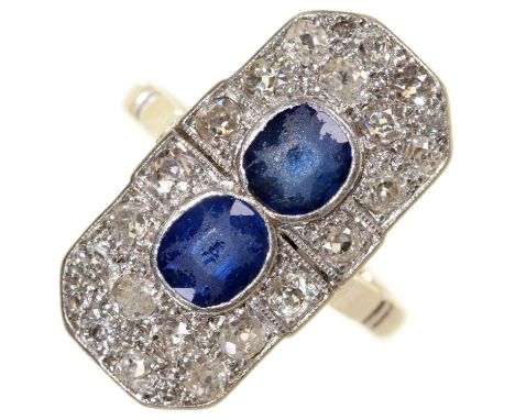 An Art Deco sapphire and diamond ring, in platinum, millegrain set, marked PLAT, 5.6g, size O  Sapphires scratched from wear