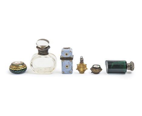 A George III South Staffordshire enamel scent bottle case, with lavender blue ground, 51mm h, three various other scent bottl