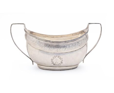 An Irish George III silver sugar bowl, c1804, engraved with ribbon border, 21.5cm over handles, marks rubbed, Dublin, 7ozs 18