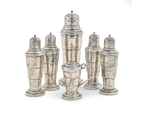 A George VI Art Deco silver six piece condiment set, sugar caster and cover 17.5cm h, maker NS, Birmingham 1938, loaded  Some