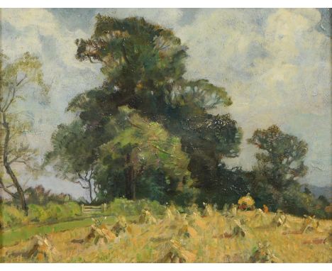 Ernest Perry (Exhib: 1923-1939) - Corn Stooks, signed and dated 1943 verso, oil on panel, 19.5 x 26cm  Good condition, varnis