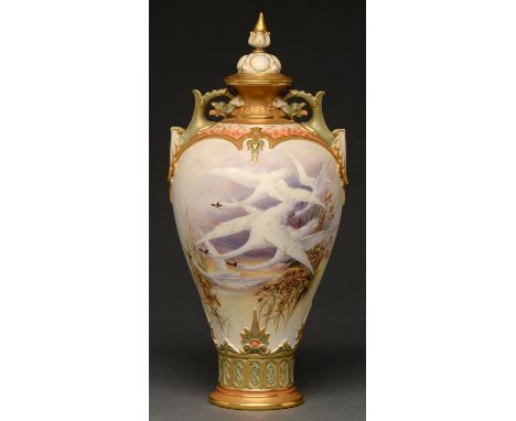 A Royal Worcester vase and cover, 1908, painted by C Baldwyn, signed, with swans before the setting sun and framed by raised 