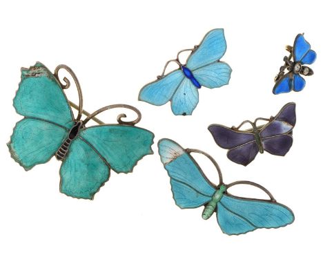 Five silver and translucent enamel butterfly brooches, early 20th c, 45mm l and shorter  Some damage to enamel