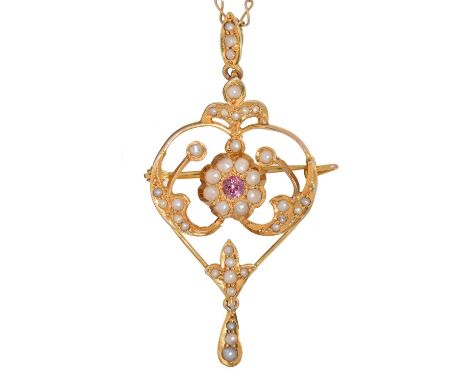An Art Nouveau amethyst and split pearl openwork brooch-pendant, early 20th c, in gold, 50mm, marked 9ct, on a gold chain, 5.