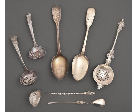 An Edwardian silver sugar sifter, Apostle pattern, by W Hutton &amp; Sons Ltd, London 1901, a silver toddy ladle, pair of des