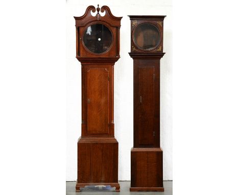A George IV oak longcase clock case for a round dial clock, the hood with swan neck pediment and another, 208 and 197cm h, di
