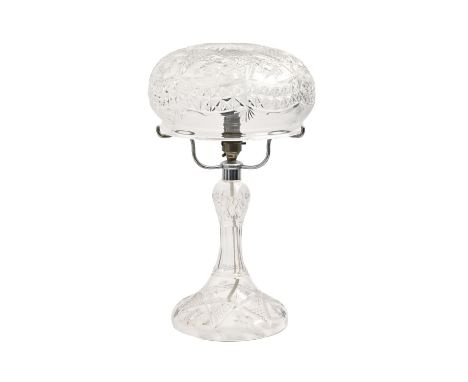 A cut glass table lamp and mushroom shaped shade, mid 20th c, 42cm h  Good condition