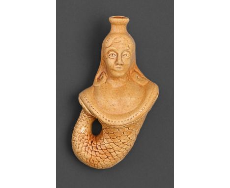 An English straw ochre glazed mermaid gin flask, c1840,&nbsp; 19cm  Good condition