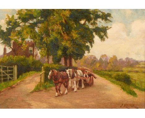 John Milner (1876-1951) - The Last Load, signed, oil on panel, 17 x 24.5cm  Cleaned and varnished; the varnish now requiring 