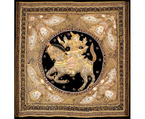 An Indian textile square panels,&nbsp;early 20th c,&nbsp;embroidered in high relief with Revanta riding a horse, applied with