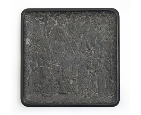 A Chinese carved slate tray, 20th c,&nbsp;with immortals, the underside with phoenix, flowers and scroll, 29.5 x 30cm  Small 