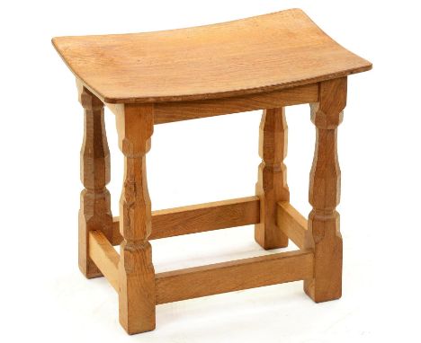 A Robert 'Mouseman' Thompson oak stool, 38cm h, 41cm l, carved mouse 'signature'  Good condition