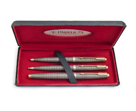 A Parker 75 three-piece fountain pen, ballpoint pen and pencil set, cased  Good second hand condition. Untried, sold as seen