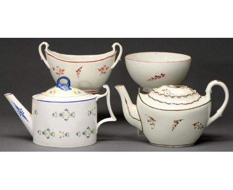 Two Pinxton teapots and covers and a sucrier and slop basin, c1800, in various set patterns, oval teapot and cover 14cm h  Su