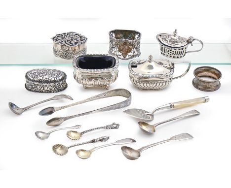 Two Victorian and Edwardian silver mustard pots and a salt cellar, two contemporary silver trinket boxes, two napkin rings, a