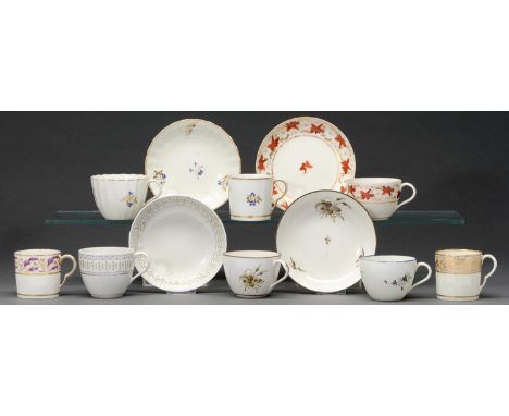 Four Pinxton teacups and saucers, a further teacup and three coffee cans, c1800, enamelled or gilt in different set patterns,